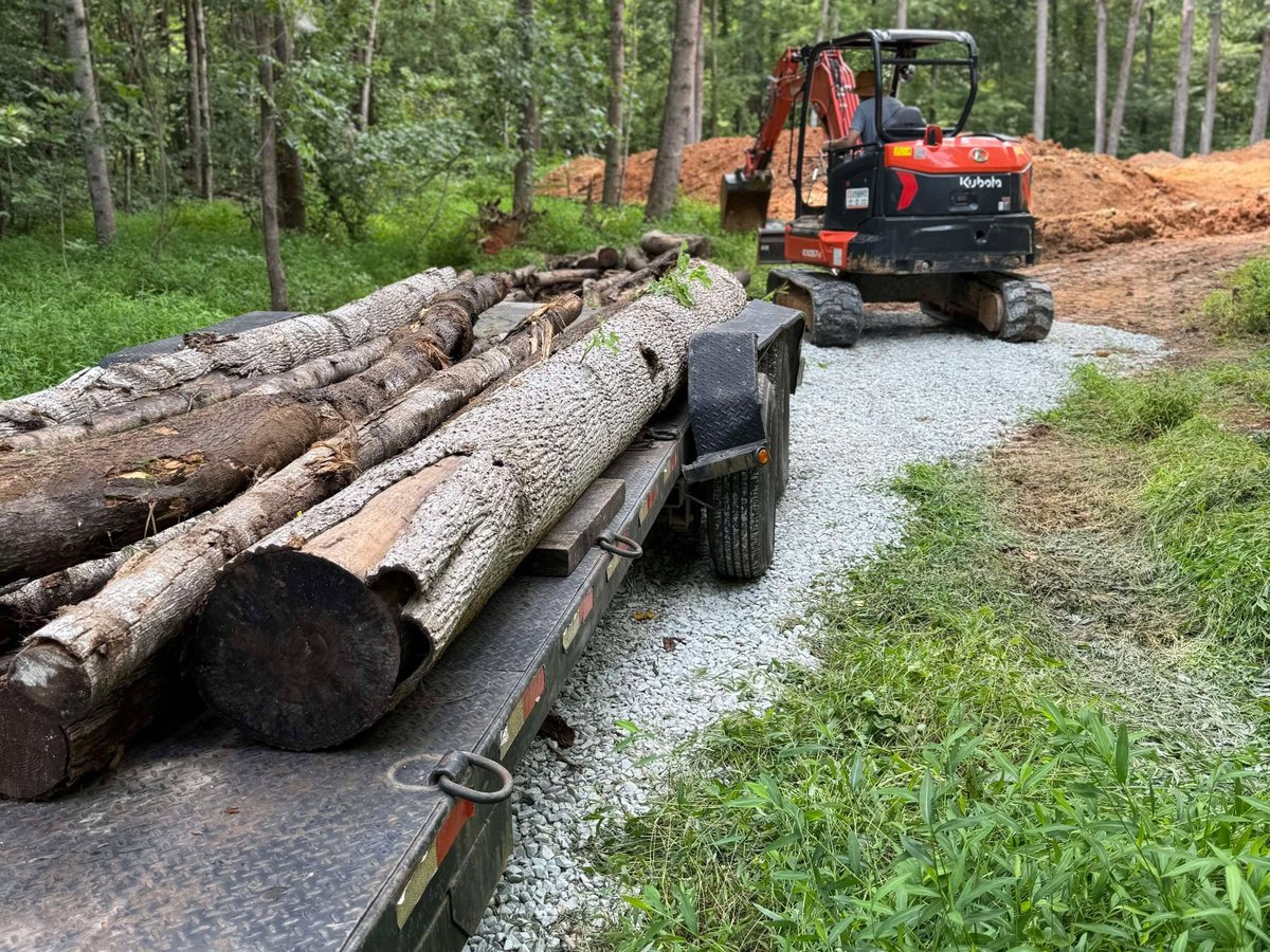 Trailer loaded with logs beside a mini excavator